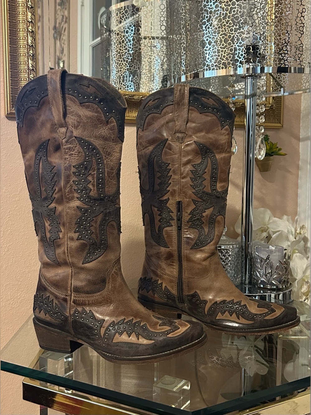 Roper Distressed Brown Leather Studded Western Cowgirl Boots Size 7.5